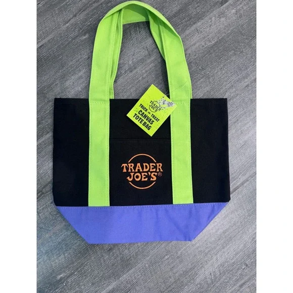 Trader Joes Trick or Treat Mini Canvas Tote Bag Halloween Black Green Purple NWT