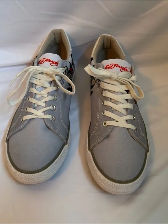 Ed Hardy Men’s Light Gray Canvas Sneakers with Red Logo