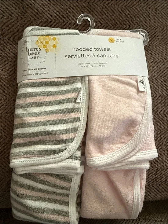Burt's Bees Baby Hooded Towels - Pink & Gray Stripe Set