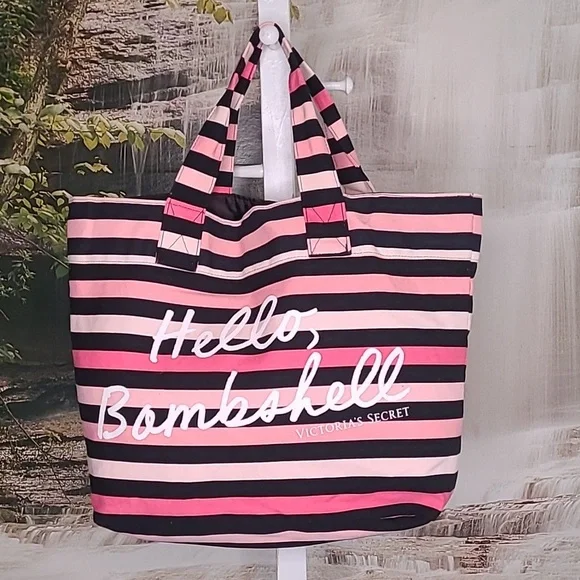 Victoria's Secret Hello Bombshell Vibrant pink striped tote bag