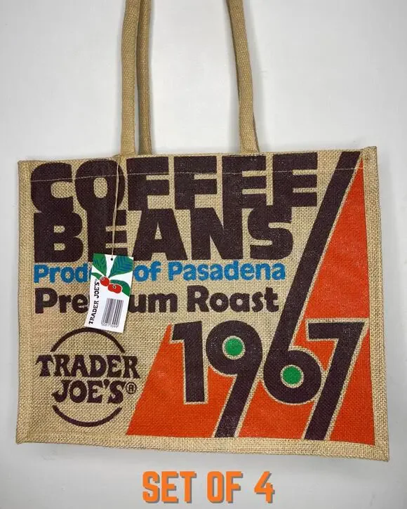 Set 4x Trader Joe's Coffee Beans 100% Jute Large 9 Gallon Reusable Tote Bag NWT!