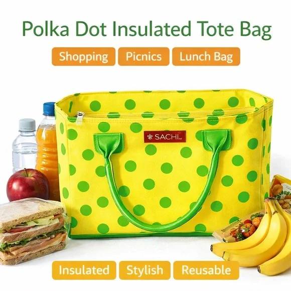 SACHI Lime Green Polka Dot and Yellow Insulated Tote Bag