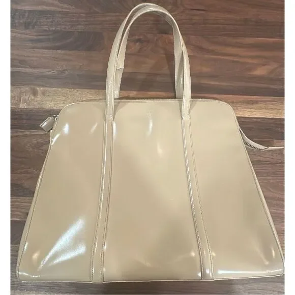 Prada Zip Tope Tote Bag Large Beige Glossy Leather Luxury Summer Coastal Italian