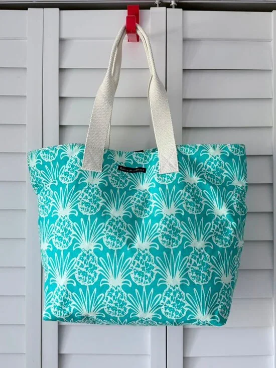 Bahama Hand Prints Pineapple Beach Tote Bag Aqua Canvas Large Shoulder Tote
