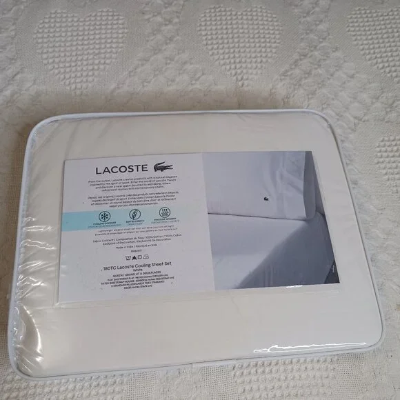 Lacoste Sheet Set White 4pcs Cooling Solid 100% Cotton size Queen