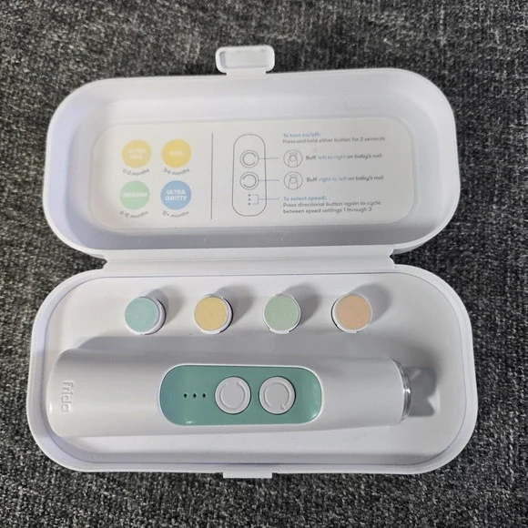 Frida Baby Electric Nail Buffer Set with 4 Grit Pads and Case White Teal