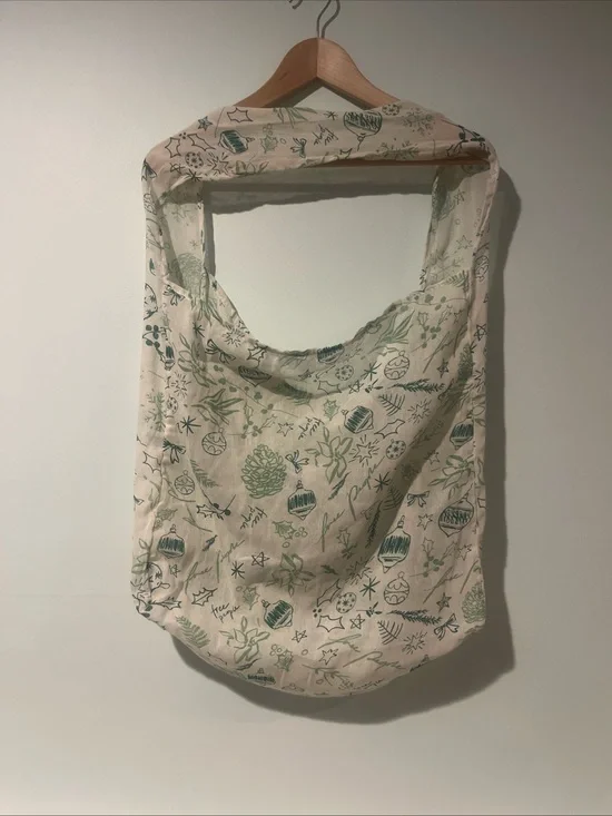Free People Christmas Holiday Print Shoulder Bag Tote Lightweight Green White