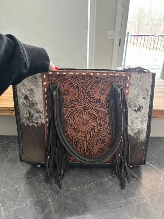 Brown Tooled Floral Fringe Tote Bag