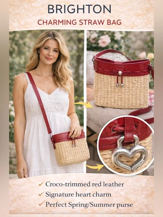 Brighton Woven Straw‎ Tote Emma Red leather Trim model H70027