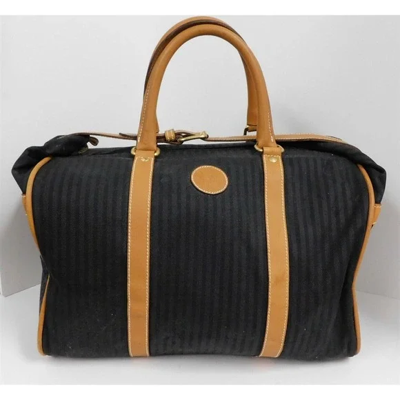 Fendi Italy Vintage Black Striped Canvas Leather Duffle Carry-on Tote Bag‎