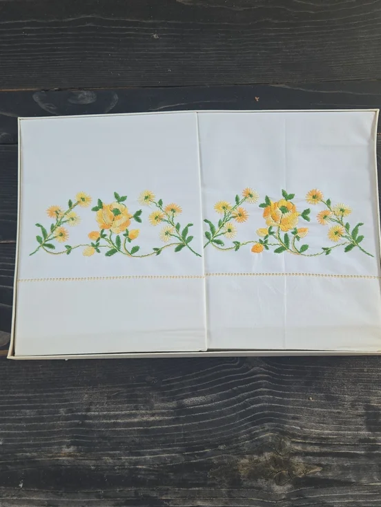 Vintage Yellow Floral Embroidered Pillowcases Set on White