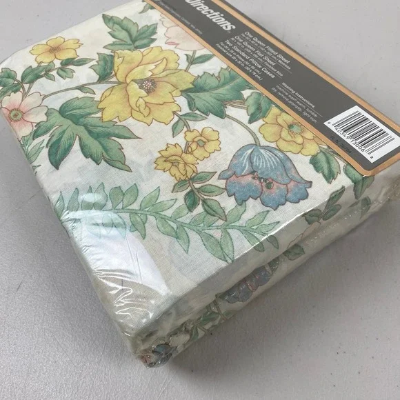 Vtg 80s Directions Queen Sheet Set Cotton Blend Floral White Yellow Blue No Iron