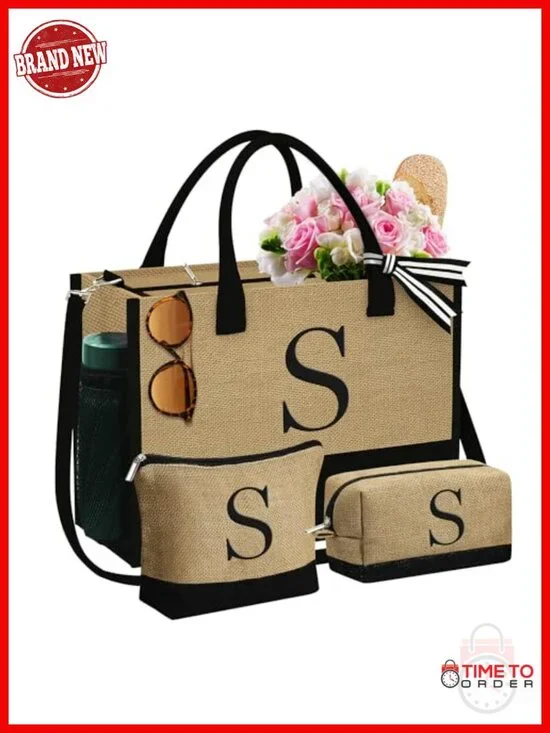 Personalized Initial Jute Tote Bag with 2 Makeup Bags – Gift for Women