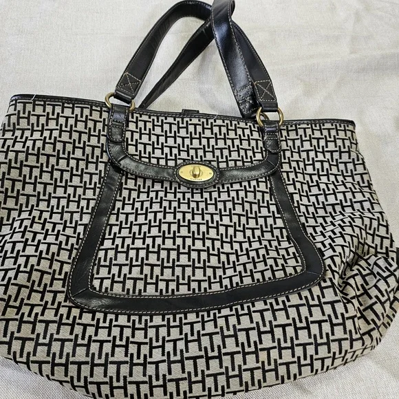 Tommy Hilfiger Signature Logo Purse Tote‎ Brown Jacquard Faux Leather Hand Bag