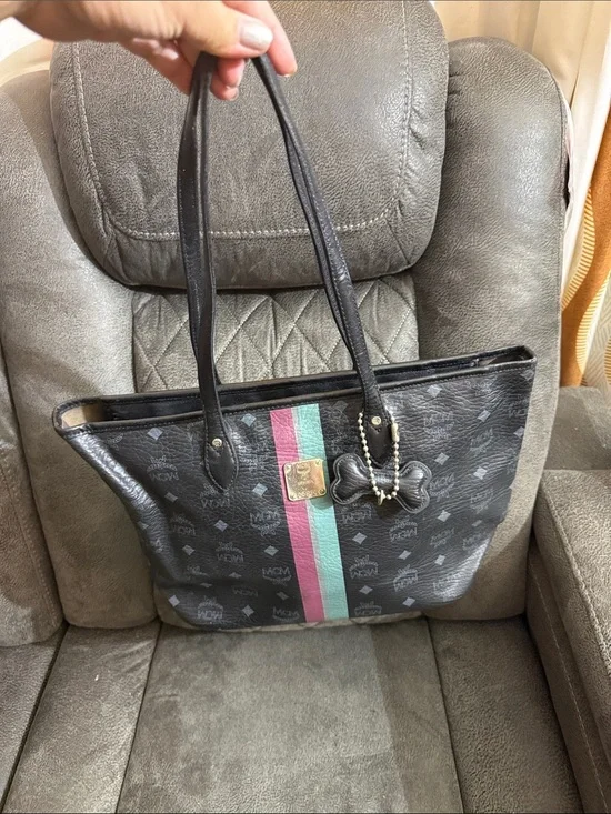 MCM Black Canvas Tote with Pink and Mint Center Stripes