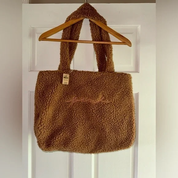 VS Victorias Secret PINK TEDDY Plush Brown Tote Travel  Work Shopping Bag NWT