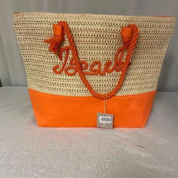 NWT‎ Orange Rope Straw Beach Tote Bag