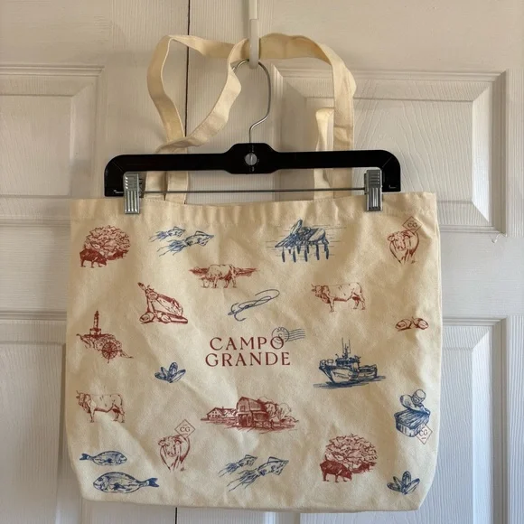 Campo Grande Canvas Tote‎ Bag Cream Red Blue Novelty Print South Western Farm