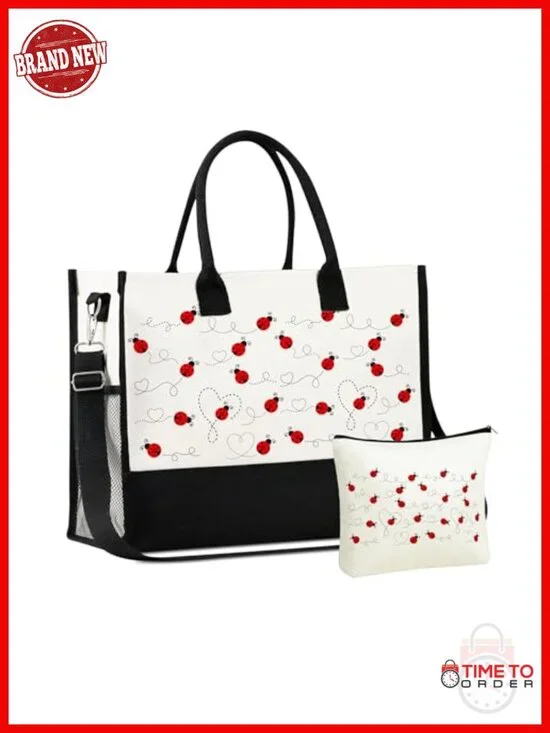 Canvas Tote Bag with Top Zipper and Shoulder Strap, Ladybug Pattern