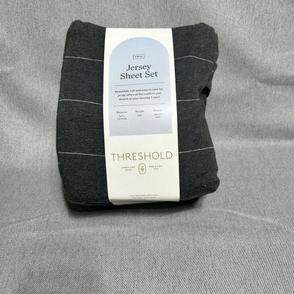 Threshold Twin Jersey Sheet Set Charcoal Gray Striped 100% Cotton 3pc Set
