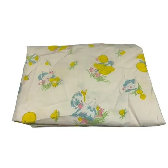 Vintage Cotton Crib Sheet Yellow White Pink Ducks Birds‎ Green Blue
