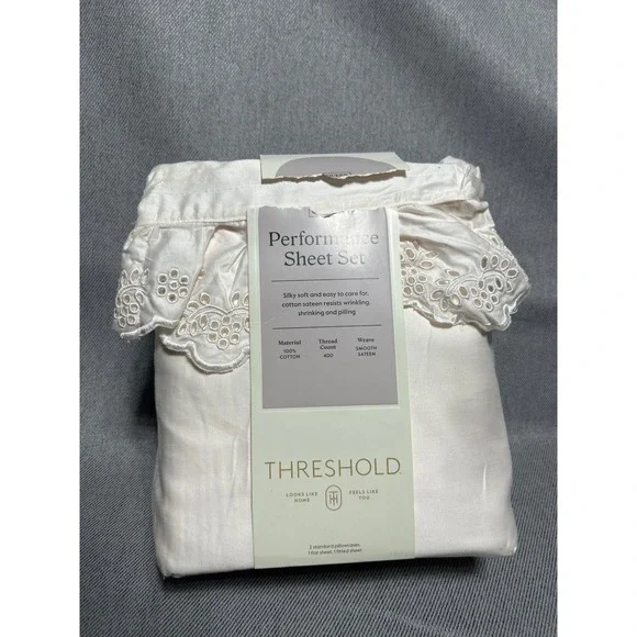 Threshold Performance Sheet Set Queen Cream Eyelet Lace Ruffle 400TC Cotton 4pc