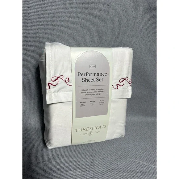 Threshold King Performance Sheet Set 400TC White Red Embroidered Bows 4pc Cotton