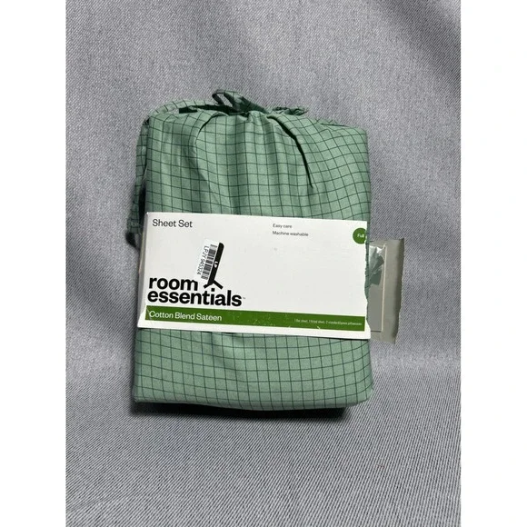 Room Essentials Full Sheet Set Green Grid Cotton Blend Sateen 4 Piece Bedding