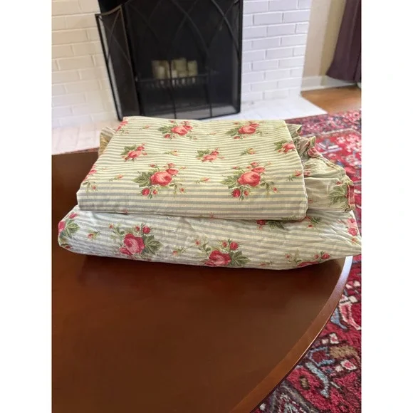 Vintage Ralph Lauren Emma Twin Sheet Set Blue Stripe Rose Floral Cottagecore USA
