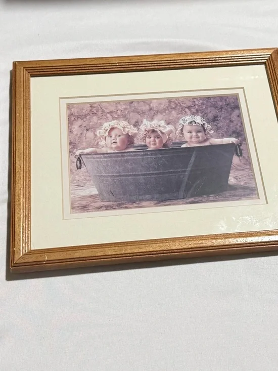 Vintage Framed Anne Geddes Bathroom Wall Artwork  Set Of 3 wood Frames 1990’s