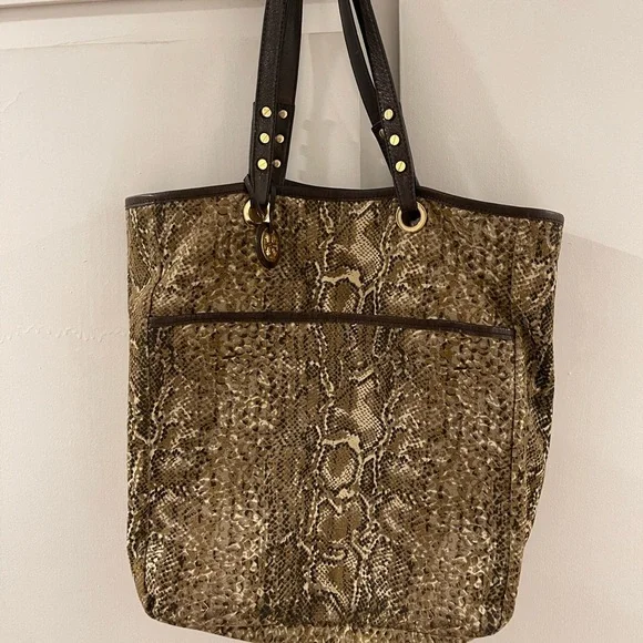 Tory Burch Canvas Reptile Print Tote with Brown Leather Detail