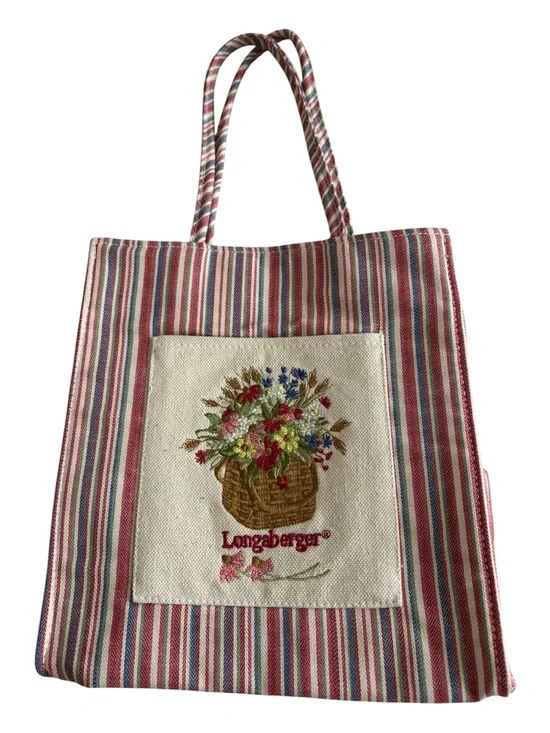 Longaberger Red, Blue & Cream Striped Canvas Tote with Embroidered Basket