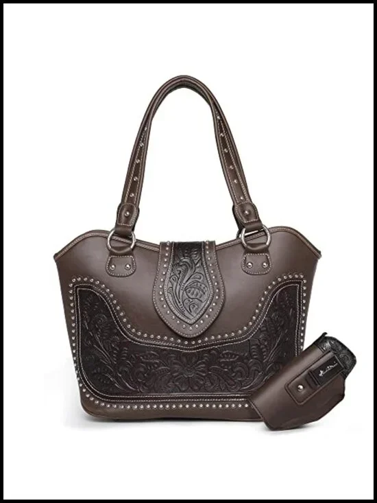 Western Tooled Tote Bag with Holster - Vegan Leather Shoulder Bag