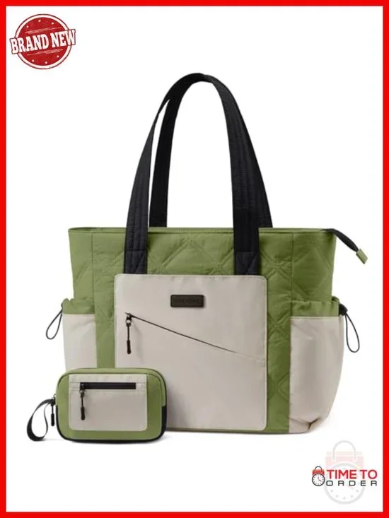 Lightweight Puffer Tote Bag with Compartments, Machine Washable Polyester, Work