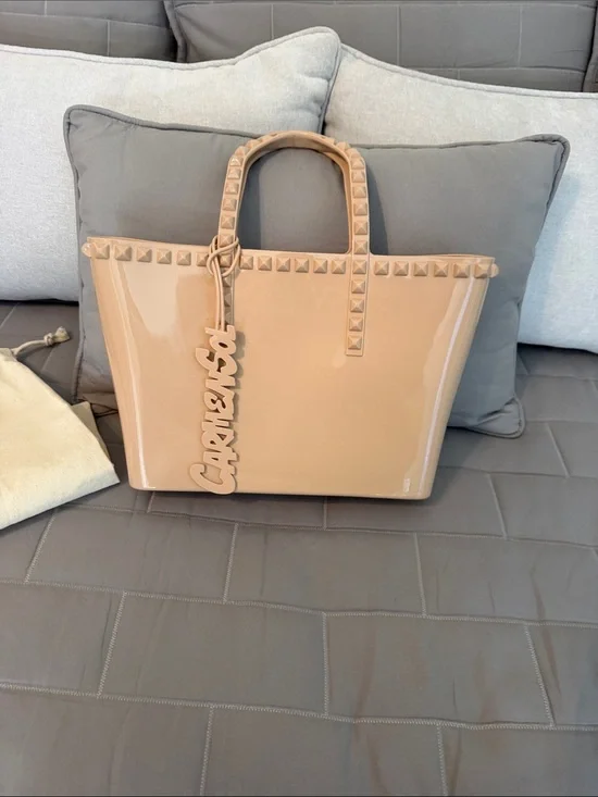 Patent Beige Stud-Trim Tote with Logo Charm