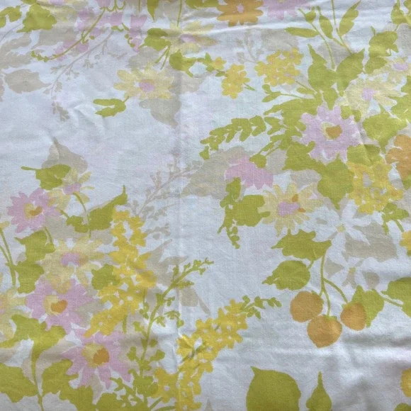Vintage Miracale Queen Flat Sheet Retro 70s Floral Green Yellow Pink 90x110