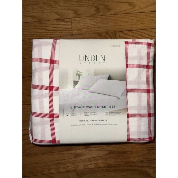 Linden Street Queen Sheet Set 100% Cotton Red Gingham NEW