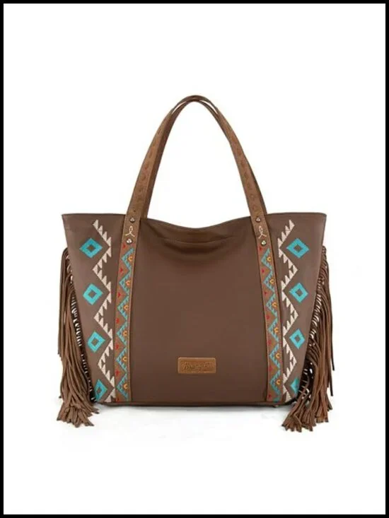 Large Fringe Tote Bag in Faux Leather with Aztec Pattern