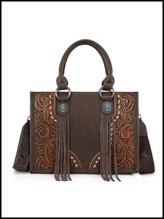 Western Tooled Handbag Tote Crossbody with Concho