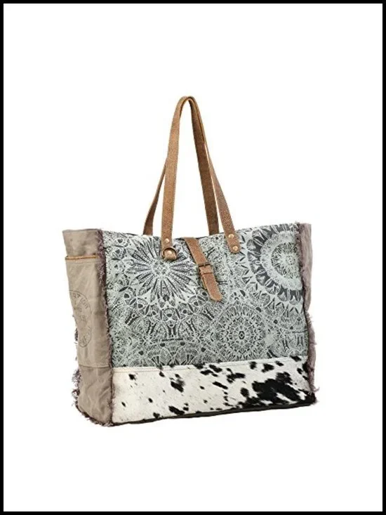 Large Canvas Tote Bag with Leather Trim - Zippered Travel Bag