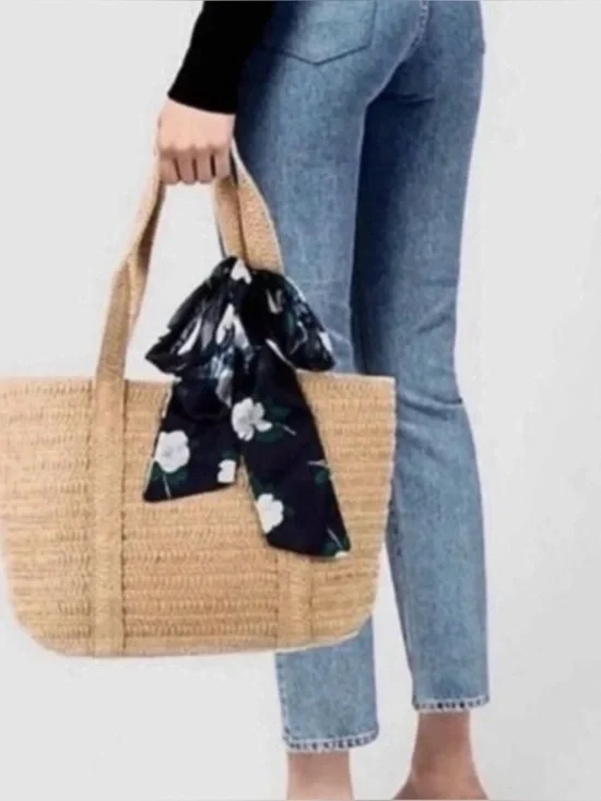 Draper James Straw Tote Bag with Black Floral Scarf