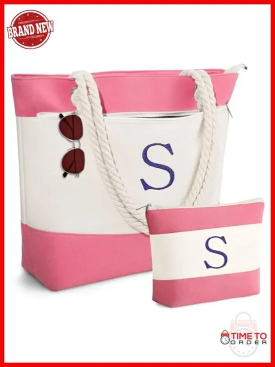 Large Waterproof Canvas Beach Tote with Zipper Closure and Monogram