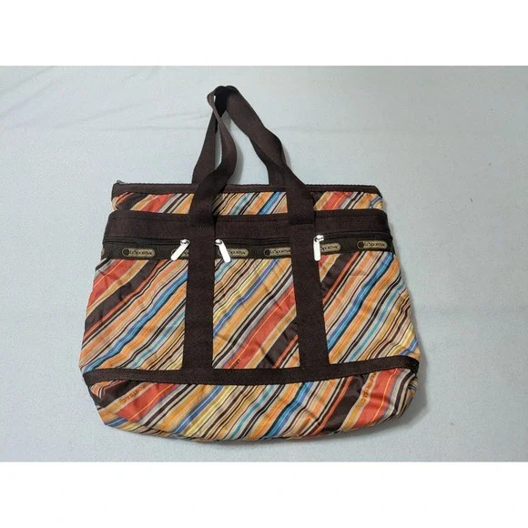 Retro LeSportsac‎ Stripe Everyday Tote Handbag Purse + Make-up Bag  Brown Orange