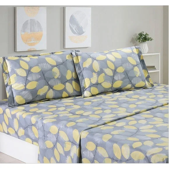 Woodgrove Yellow Green Leaf 100% Cotton Sheet Set with‎ Pillowcase King
