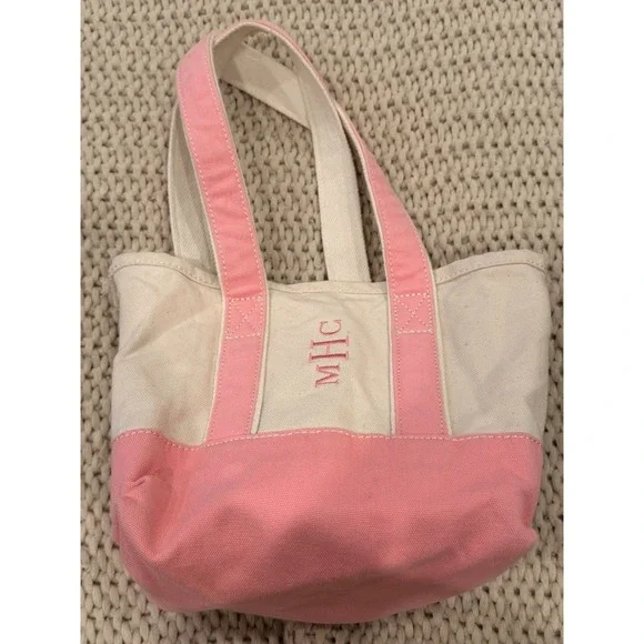 Lands' End‎ Canvas Boat Tote Pink Natural Monogram MHC Medium Open Top