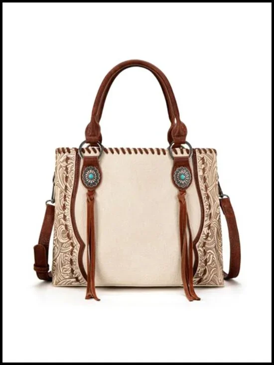 Vintage Tooled Floral Concho Tote Bag with Whipstitch Detail