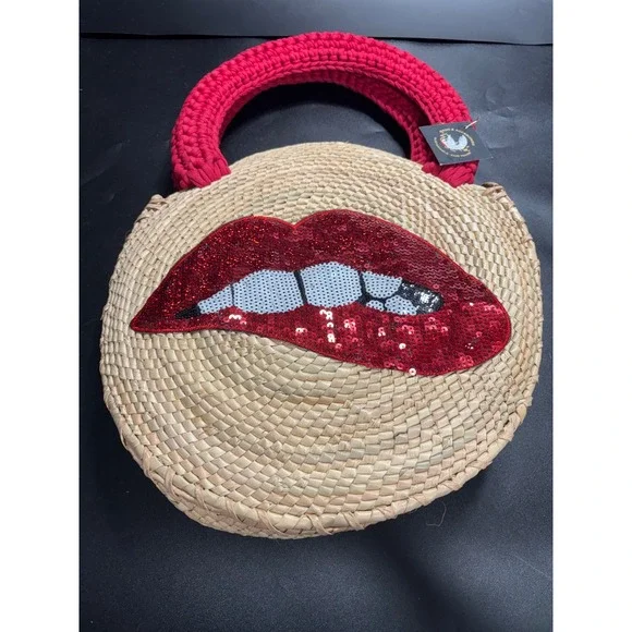 By Del Rio Acento Artistico Woven Straw Round Lip Sequin Tote‎ Bag Red Crochet