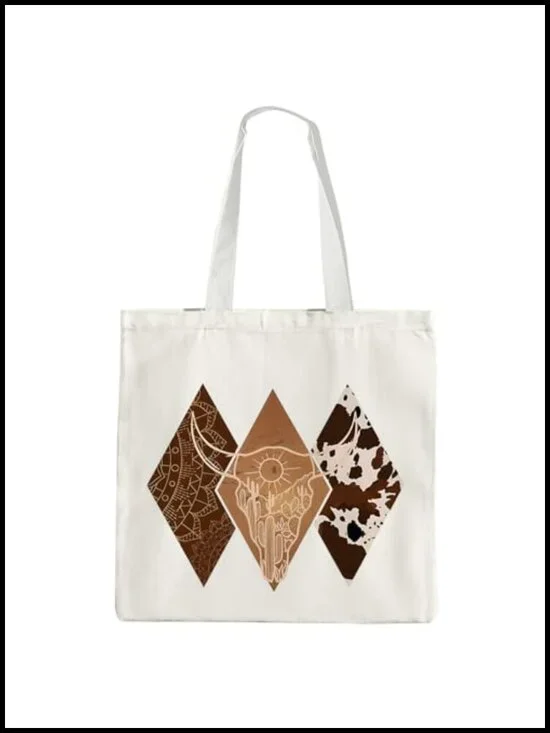 Western Cow Bull Skull Canvas Tote Bag Reusable Grocery Shopping Tote