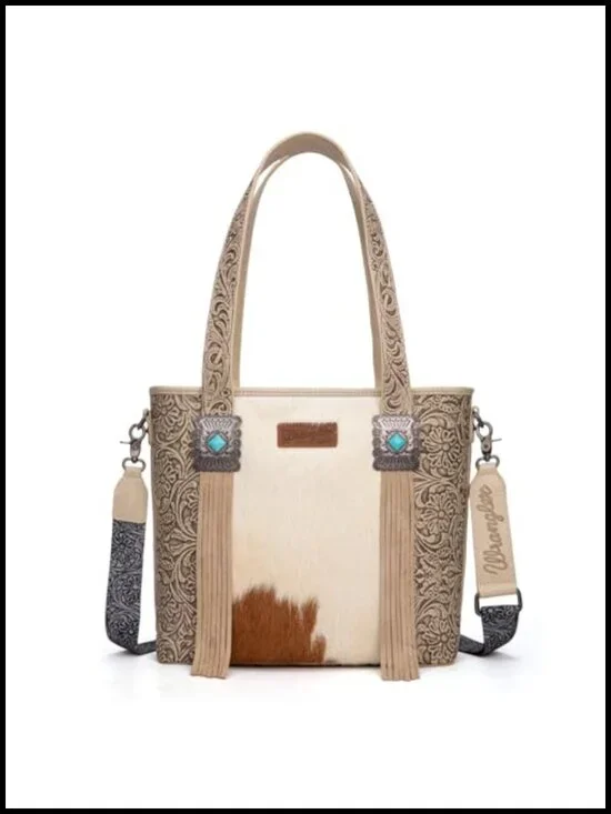 Western Cowhide Hair-On Leather Tote Bag with Turquoise Concho