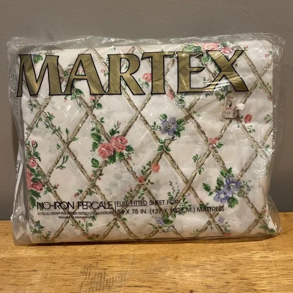 Martex Full‎ Fitted Sheet NOS Vintage Sealed Mod Floral Roses Trellises